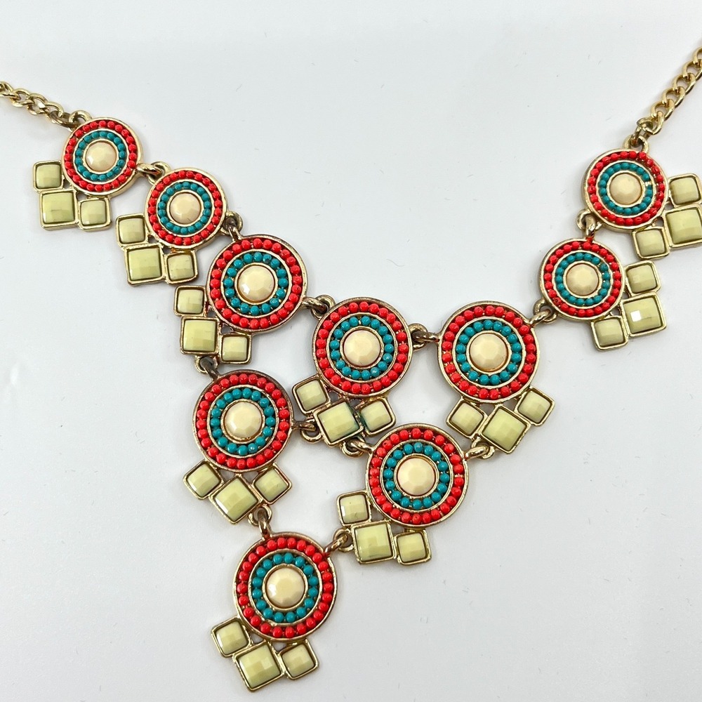 Vintage 80s Boho Geometric Statement Necklace Red Turquoise Color Gold Tone Bib - Picture 7 of 13